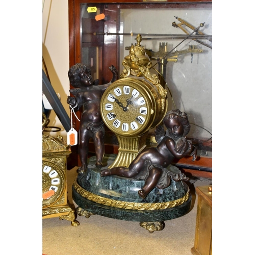 475 - A 20TH CENTURY ITALIAN FIGURAL BRONZE, MARBLE AND BRASS MANTEL CLOCK, Roman numerals, eight day Fran... 