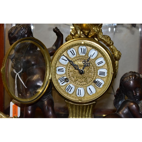 475 - A 20TH CENTURY ITALIAN FIGURAL BRONZE, MARBLE AND BRASS MANTEL CLOCK, Roman numerals, eight day Fran... 