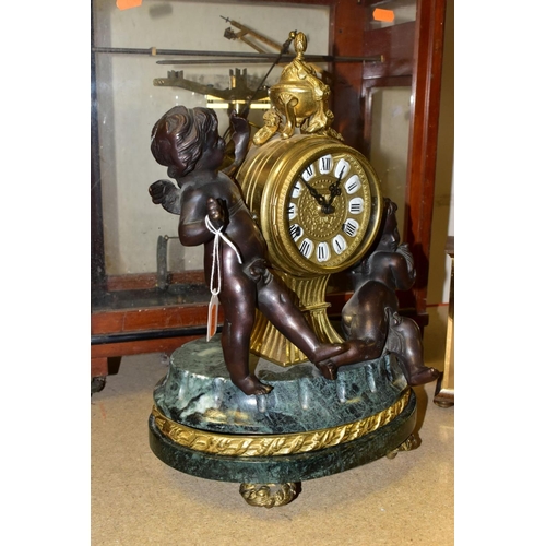 475 - A 20TH CENTURY ITALIAN FIGURAL BRONZE, MARBLE AND BRASS MANTEL CLOCK, Roman numerals, eight day Fran... 