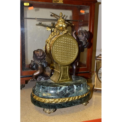 475 - A 20TH CENTURY ITALIAN FIGURAL BRONZE, MARBLE AND BRASS MANTEL CLOCK, Roman numerals, eight day Fran... 