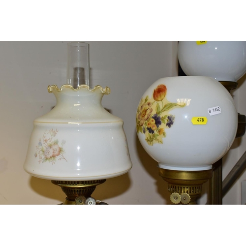 478 - TWO 2OTH CENTURY BRASS BASED OIL LAMPS, A TABLE LAMP IN A SIMILAR STYLE AND TWO TURKISH SYNTHETIC RU... 