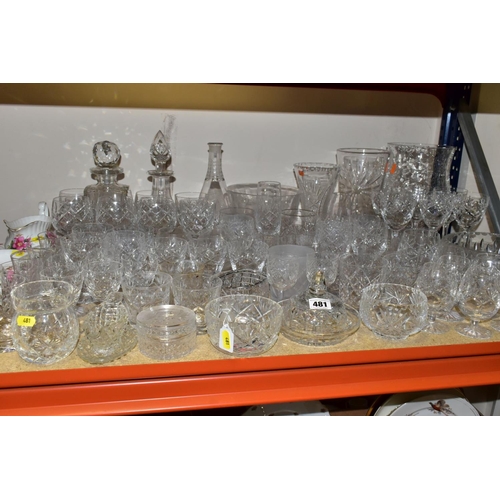 481 - A QUANTITY OF 19TH AND 20TH CENTURY CUT AND MOULDED GLASSWARE, primarily drinking glasses, decanters... 