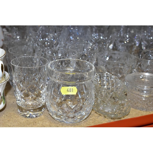 481 - A QUANTITY OF 19TH AND 20TH CENTURY CUT AND MOULDED GLASSWARE, primarily drinking glasses, decanters... 