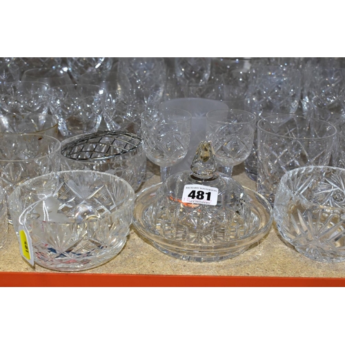481 - A QUANTITY OF 19TH AND 20TH CENTURY CUT AND MOULDED GLASSWARE, primarily drinking glasses, decanters... 