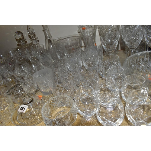481 - A QUANTITY OF 19TH AND 20TH CENTURY CUT AND MOULDED GLASSWARE, primarily drinking glasses, decanters... 