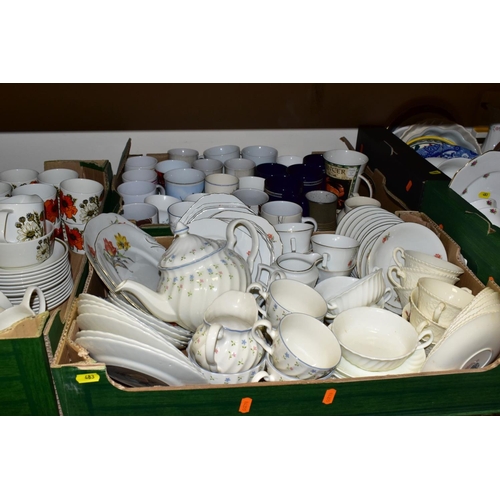 483 - FIVE BOXES OF ASSORTED CERAMICS, including Midwinter Stylecraft Oranges & Lemons coffee wares, J & G... 