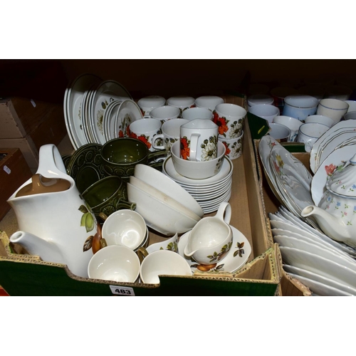 483 - FIVE BOXES OF ASSORTED CERAMICS, including Midwinter Stylecraft Oranges & Lemons coffee wares, J & G... 