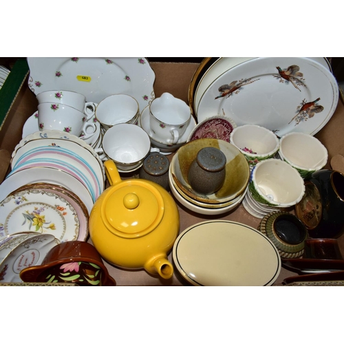 483 - FIVE BOXES OF ASSORTED CERAMICS, including Midwinter Stylecraft Oranges & Lemons coffee wares, J & G... 