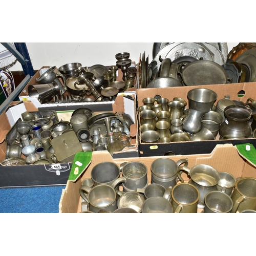 484 - FIVE BOXES OF MOSTLY 20TH CENTURY PEWTER, includes tankards, trays, condiment items, candlesticks, j... 