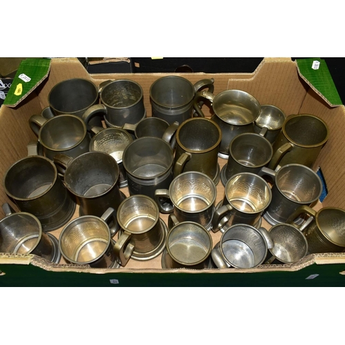 484 - FIVE BOXES OF MOSTLY 20TH CENTURY PEWTER, includes tankards, trays, condiment items, candlesticks, j... 
