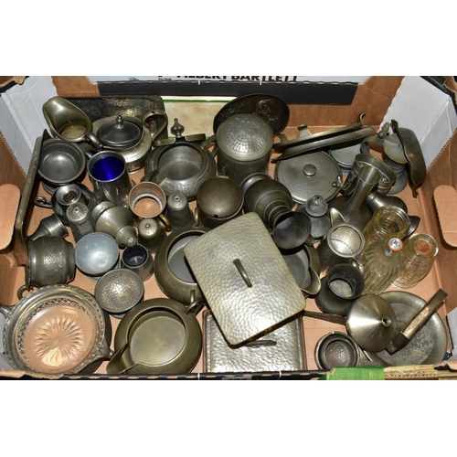 484 - FIVE BOXES OF MOSTLY 20TH CENTURY PEWTER, includes tankards, trays, condiment items, candlesticks, j... 