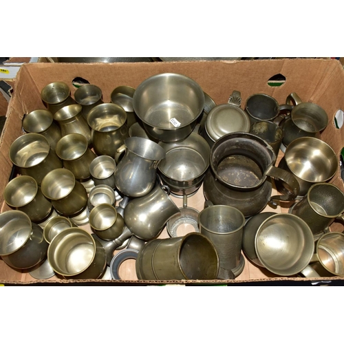 484 - FIVE BOXES OF MOSTLY 20TH CENTURY PEWTER, includes tankards, trays, condiment items, candlesticks, j... 
