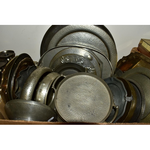 484 - FIVE BOXES OF MOSTLY 20TH CENTURY PEWTER, includes tankards, trays, condiment items, candlesticks, j... 