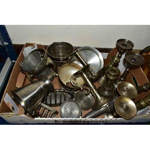 484 - FIVE BOXES OF MOSTLY 20TH CENTURY PEWTER, includes tankards, trays, condiment items, candlesticks, j... 