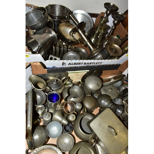 484 - FIVE BOXES OF MOSTLY 20TH CENTURY PEWTER, includes tankards, trays, condiment items, candlesticks, j... 