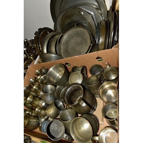 484 - FIVE BOXES OF MOSTLY 20TH CENTURY PEWTER, includes tankards, trays, condiment items, candlesticks, j... 