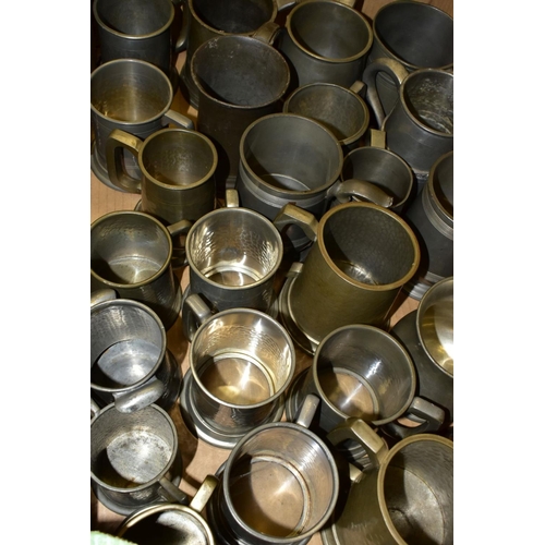 484 - FIVE BOXES OF MOSTLY 20TH CENTURY PEWTER, includes tankards, trays, condiment items, candlesticks, j... 