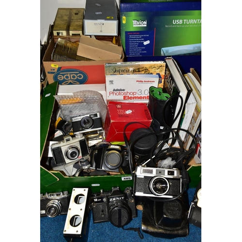 485 - TWO BOXES OF PHOTOGRAPHIC EQUIPMENT AND A BOXED TEVION SOUND USB TURNTABLE, the photographic equipme... 