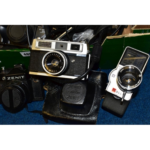 485 - TWO BOXES OF PHOTOGRAPHIC EQUIPMENT AND A BOXED TEVION SOUND USB TURNTABLE, the photographic equipme... 