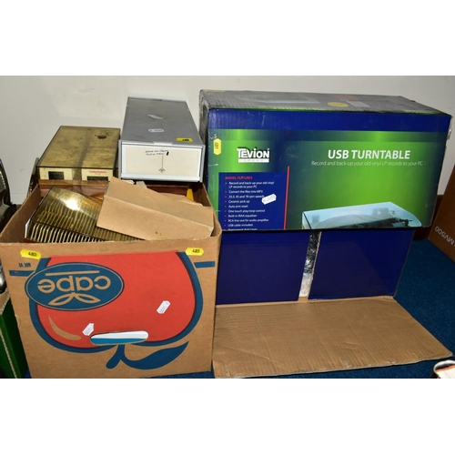 485 - TWO BOXES OF PHOTOGRAPHIC EQUIPMENT AND A BOXED TEVION SOUND USB TURNTABLE, the photographic equipme... 