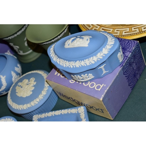 496 - TWENTY TWO PIECES OF WEDGWOOD JASPERWARE, seven are boxed, colours comprise a teal green conical vas... 