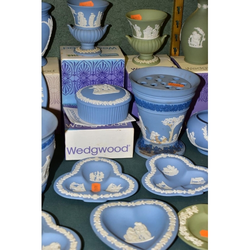 496 - TWENTY TWO PIECES OF WEDGWOOD JASPERWARE, seven are boxed, colours comprise a teal green conical vas... 