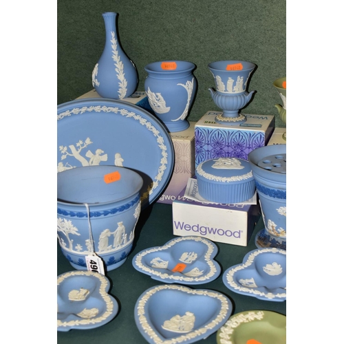 496 - TWENTY TWO PIECES OF WEDGWOOD JASPERWARE, seven are boxed, colours comprise a teal green conical vas... 