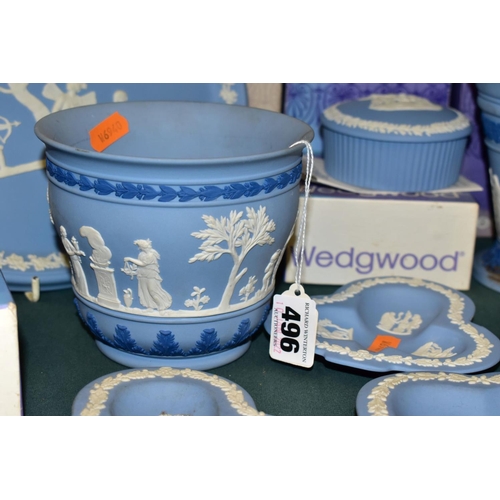 496 - TWENTY TWO PIECES OF WEDGWOOD JASPERWARE, seven are boxed, colours comprise a teal green conical vas... 