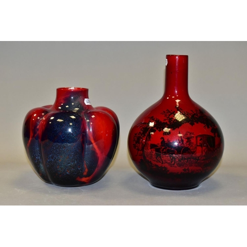 497 - A ROYAL DOULTON SUNG FLAMBE PUMPKIN VASE,  of lobed bulbous form, bears initials for Fred Moore, pri... 