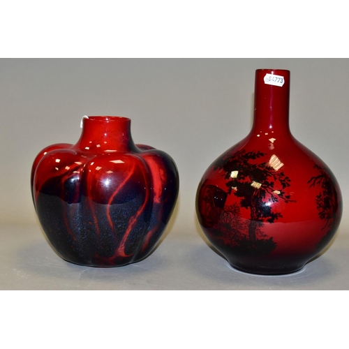 497 - A ROYAL DOULTON SUNG FLAMBE PUMPKIN VASE,  of lobed bulbous form, bears initials for Fred Moore, pri... 