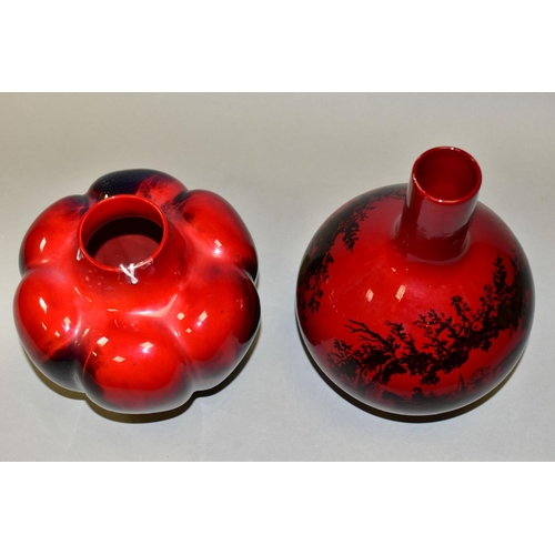 497 - A ROYAL DOULTON SUNG FLAMBE PUMPKIN VASE,  of lobed bulbous form, bears initials for Fred Moore, pri... 