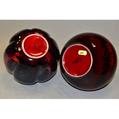 497 - A ROYAL DOULTON SUNG FLAMBE PUMPKIN VASE,  of lobed bulbous form, bears initials for Fred Moore, pri... 