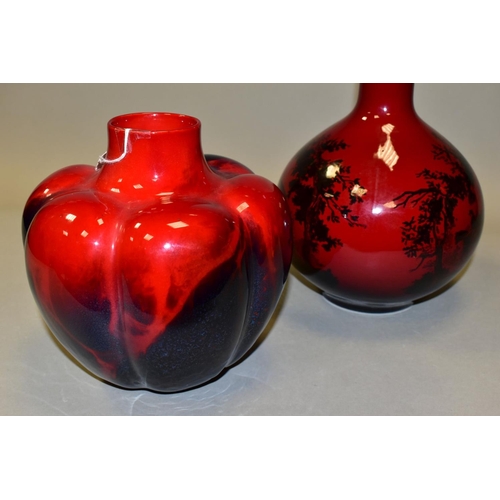 497 - A ROYAL DOULTON SUNG FLAMBE PUMPKIN VASE,  of lobed bulbous form, bears initials for Fred Moore, pri... 
