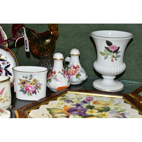 503 - A MURANO STYLE GLASS FIGURE OF A COCKEREL AND A COLLECTION OF ASSORTED GIFTWARE BY ROYAL CROWN DERBY... 