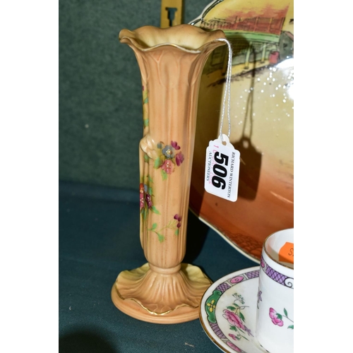 506 - A ROYAL WORCESTER BLUSH IVORY BUD VASE AND OTHER CERAMICS AND GLASS, the bud vase shape number G1015... 