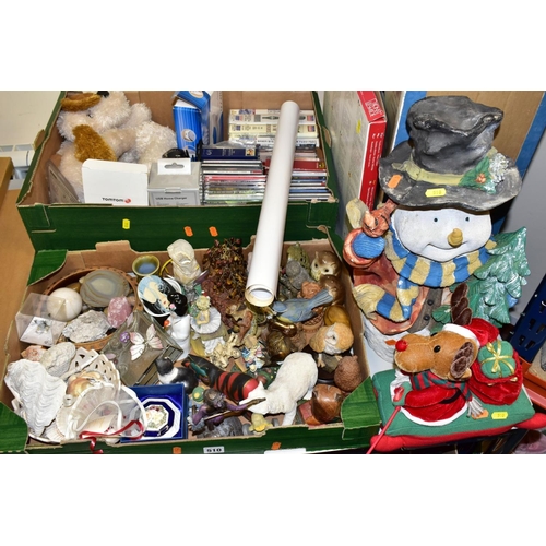 510 - TWO BOXES AND LOOSE CERAMICS, ORNAMENTS, CHRISTMAS DECORATIONS, SAT NAV, CDS, NATURAL AND SUNDRY ITE... 