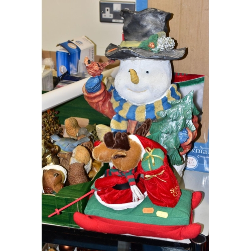 510 - TWO BOXES AND LOOSE CERAMICS, ORNAMENTS, CHRISTMAS DECORATIONS, SAT NAV, CDS, NATURAL AND SUNDRY ITE... 