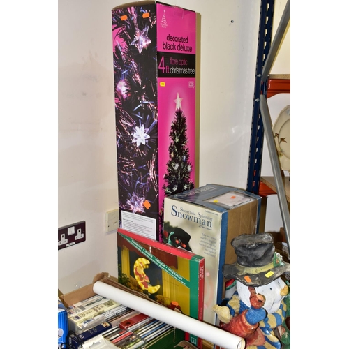 510 - TWO BOXES AND LOOSE CERAMICS, ORNAMENTS, CHRISTMAS DECORATIONS, SAT NAV, CDS, NATURAL AND SUNDRY ITE... 