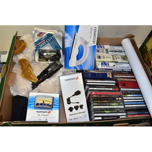 510 - TWO BOXES AND LOOSE CERAMICS, ORNAMENTS, CHRISTMAS DECORATIONS, SAT NAV, CDS, NATURAL AND SUNDRY ITE... 