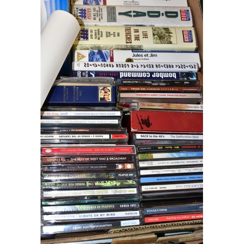 510 - TWO BOXES AND LOOSE CERAMICS, ORNAMENTS, CHRISTMAS DECORATIONS, SAT NAV, CDS, NATURAL AND SUNDRY ITE... 