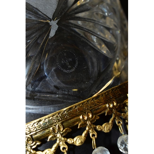 513 - A PAIR OF KLEIN BACCARAT CRYSTAL TABLE LAMPS, with a diamond cut crystal body on a brass base, elong... 