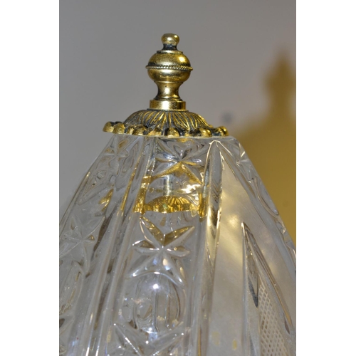 513 - A PAIR OF KLEIN BACCARAT CRYSTAL TABLE LAMPS, with a diamond cut crystal body on a brass base, elong... 