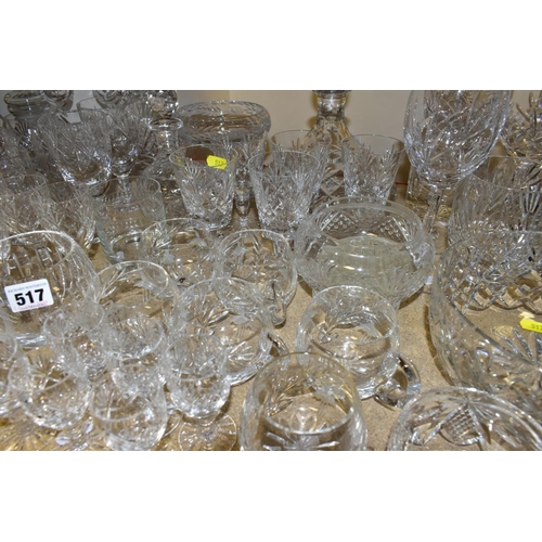517 - A QUANTITY OF CUT CRYSTAL GLASSWARES, to include approximately fifty five pieces, two mallet shaped ... 