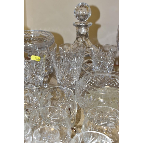 517 - A QUANTITY OF CUT CRYSTAL GLASSWARES, to include approximately fifty five pieces, two mallet shaped ... 