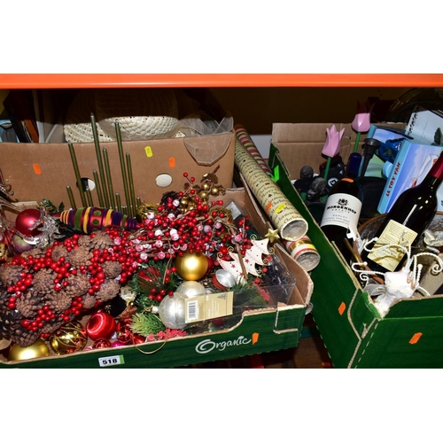 518 - THREE BOXES AND LOOSE METALWARES, EPHEMERA, CHRISTMAS DECORATIONS AND SUNDRY ITEMS, to include a lar... 