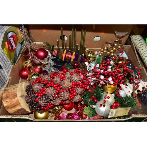 518 - THREE BOXES AND LOOSE METALWARES, EPHEMERA, CHRISTMAS DECORATIONS AND SUNDRY ITEMS, to include a lar... 
