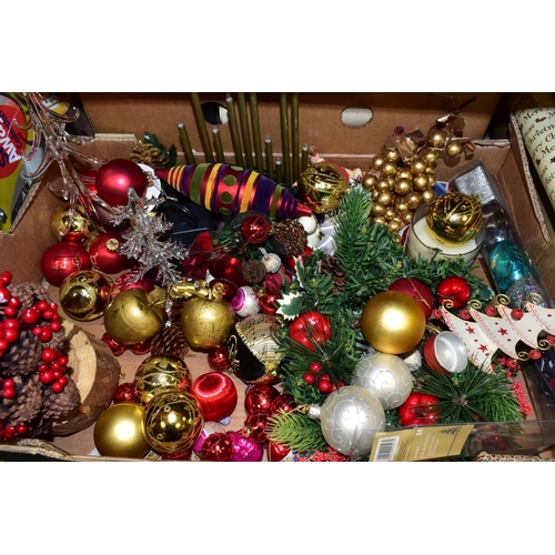 518 - THREE BOXES AND LOOSE METALWARES, EPHEMERA, CHRISTMAS DECORATIONS AND SUNDRY ITEMS, to include a lar... 