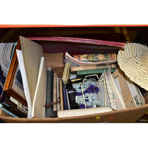 518 - THREE BOXES AND LOOSE METALWARES, EPHEMERA, CHRISTMAS DECORATIONS AND SUNDRY ITEMS, to include a lar... 
