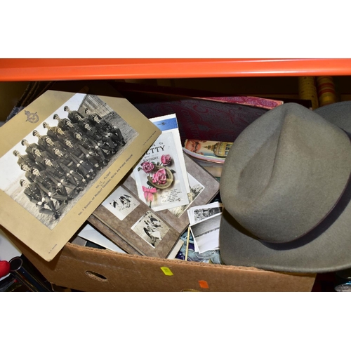 518 - THREE BOXES AND LOOSE METALWARES, EPHEMERA, CHRISTMAS DECORATIONS AND SUNDRY ITEMS, to include a lar... 