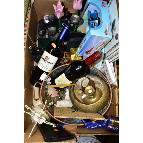 518 - THREE BOXES AND LOOSE METALWARES, EPHEMERA, CHRISTMAS DECORATIONS AND SUNDRY ITEMS, to include a lar... 